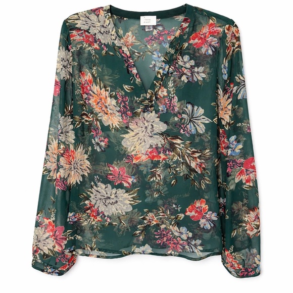 New Day Green Floral Sheer Blouse Size Small - Picture 2 of 9